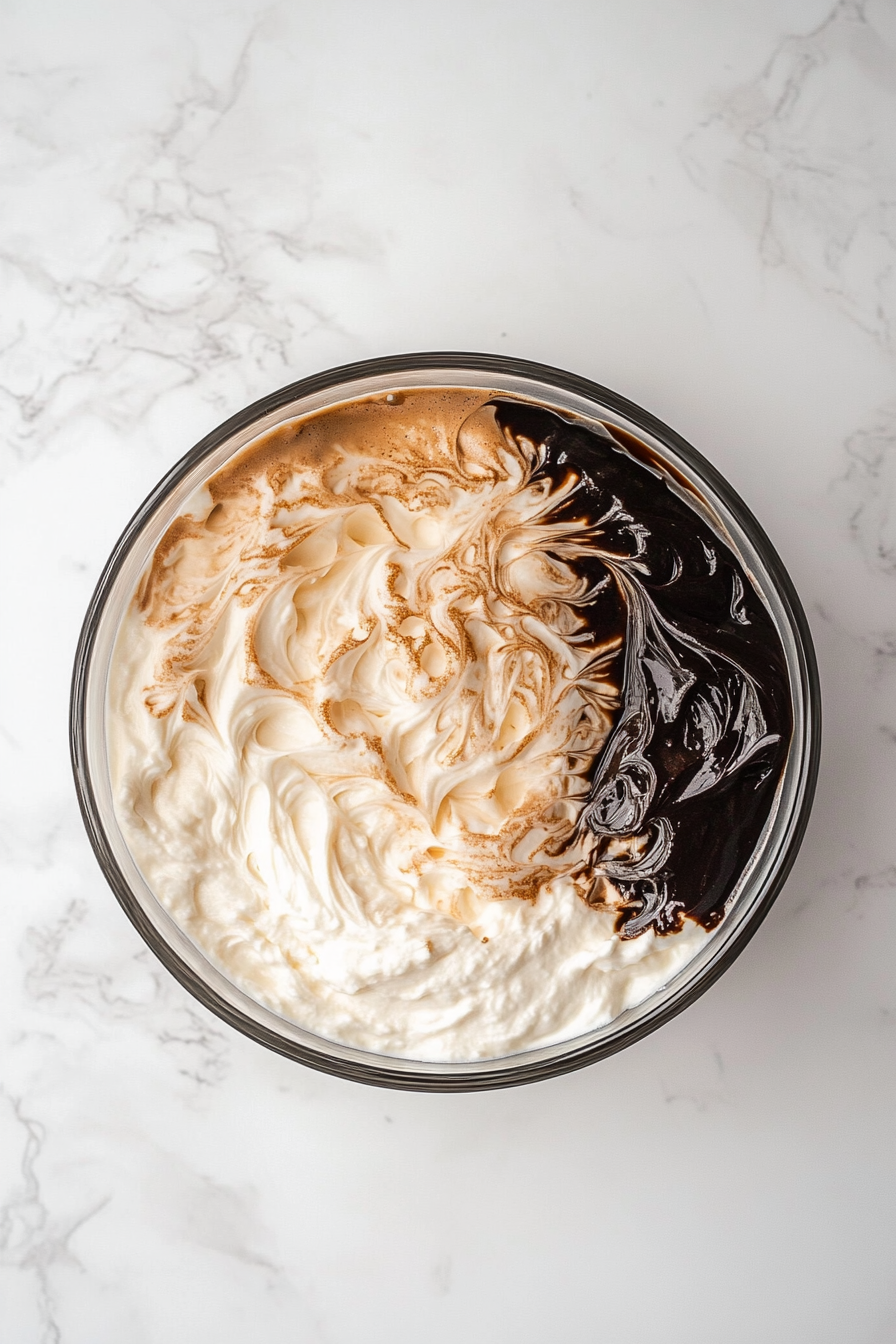 The medium glass bowl on the white marble countertop now contains the fluffy cream cheese mixture blended with espresso and vanilla. The mixture has turned a light beige color, smooth and creamy, ready for the next step.