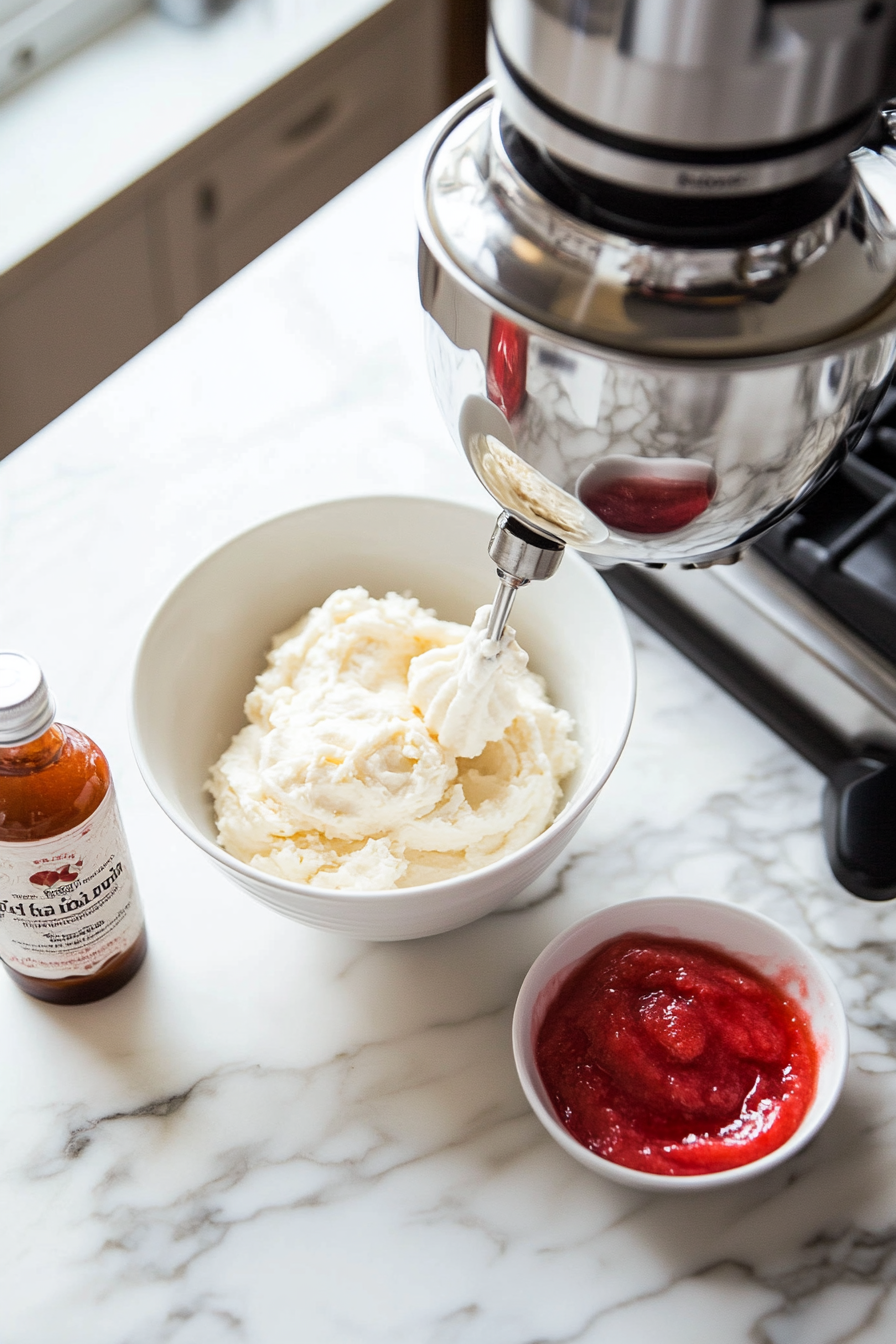 The stand mixer on the white marble cooktop as fresh strawberry puree and vanilla extract are poured into the batter. A small bowl of puree and a vanilla bottle sit beside the mixer, completing the vibrant addition