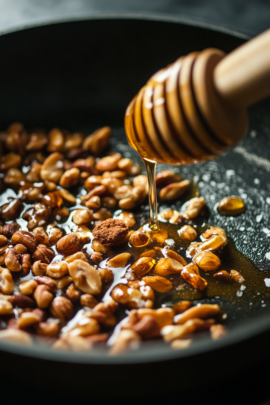 The toasted nuts in the pan, with honey, cinnamon, and salt being stirred in to coat the nuts. The mixture is glossy, with the honey glistening as it coats the nuts