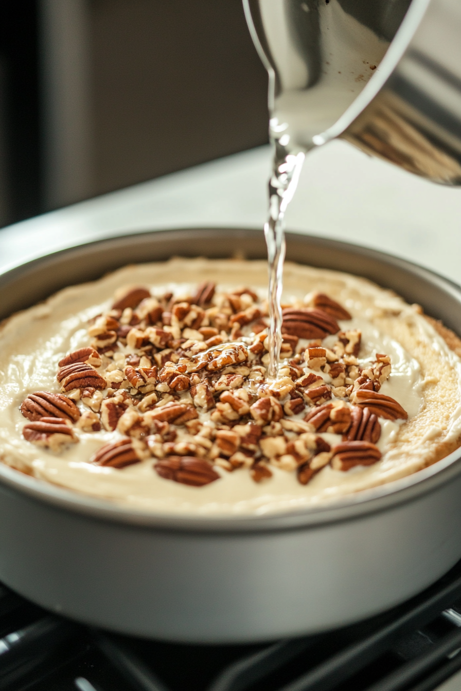 Cake pan on a white marble cooktop now containing the layered batter and pecans. Hot water is being poured over the top of the cake to cover the entire surface.