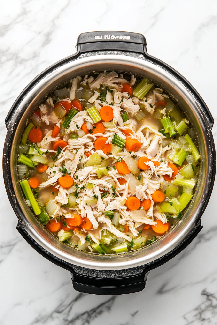 A deep pot on a white marble cooktop is filled with shredded chicken, finely chopped onions, celery, and carrots, combined with water, celery seed, salt, pepper, and 1 teaspoon sage. The colorful vegetables float in the clear liquid, ready to simmer, with a clean and minimal background.