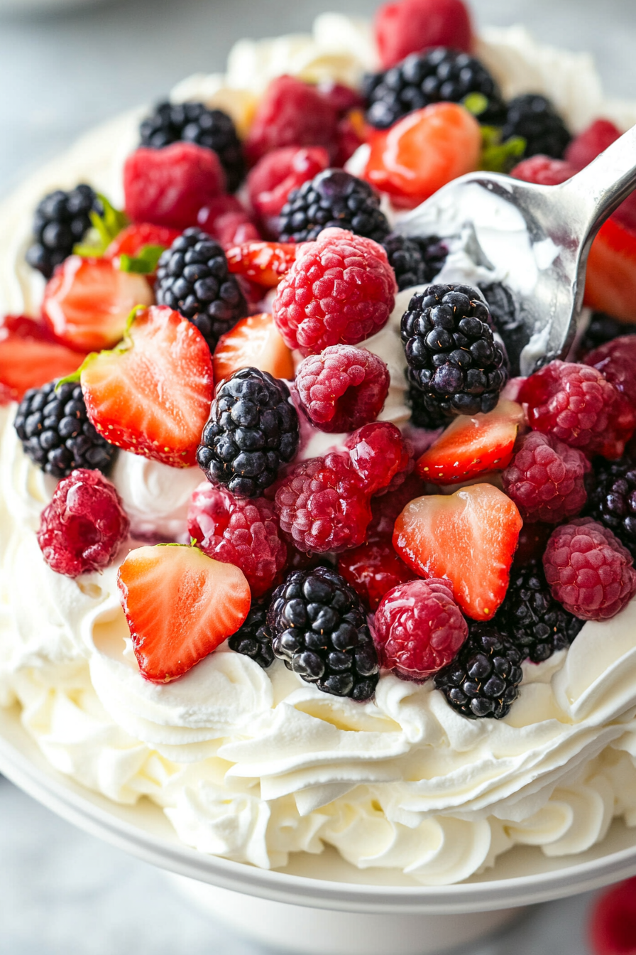 A small glass bowl with 1½ cups of mashed mixed berries being added to the cream cheese mixture in the large bowl. The mixture is gently stirred on low speed to combine