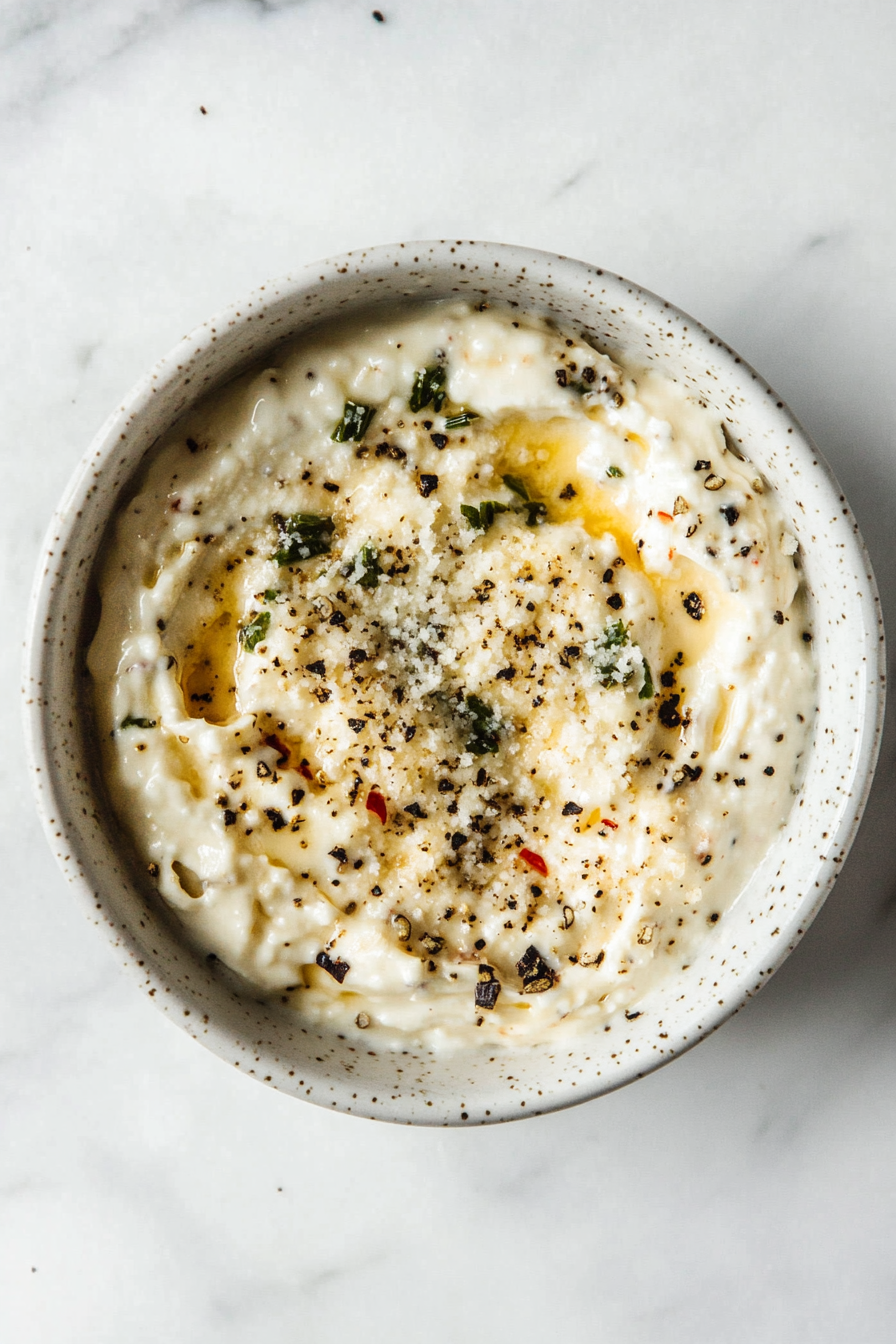 Softened cream cheese, heavy whipping cream, and Italian seasoning are whisked together in a cast-iron skillet on the white marble cooktop. The pale white sauce is beginning to thicken, with a smooth and creamy texture.