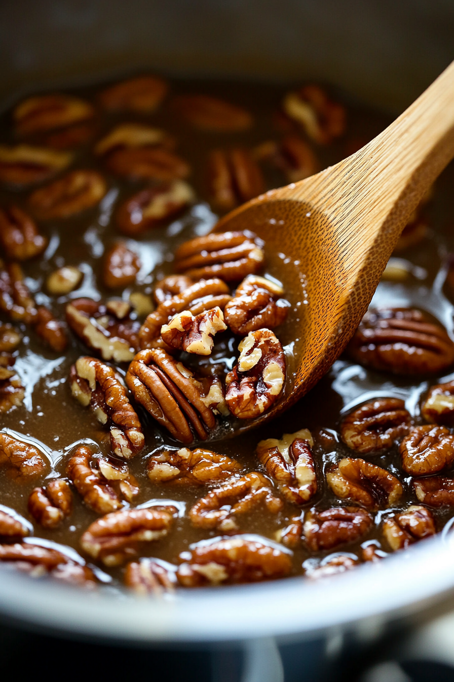 Pecan halves on a baking sheet, toasting in the oven at 300°F (150°C) for 8-10 minutes, until golden and aromatic