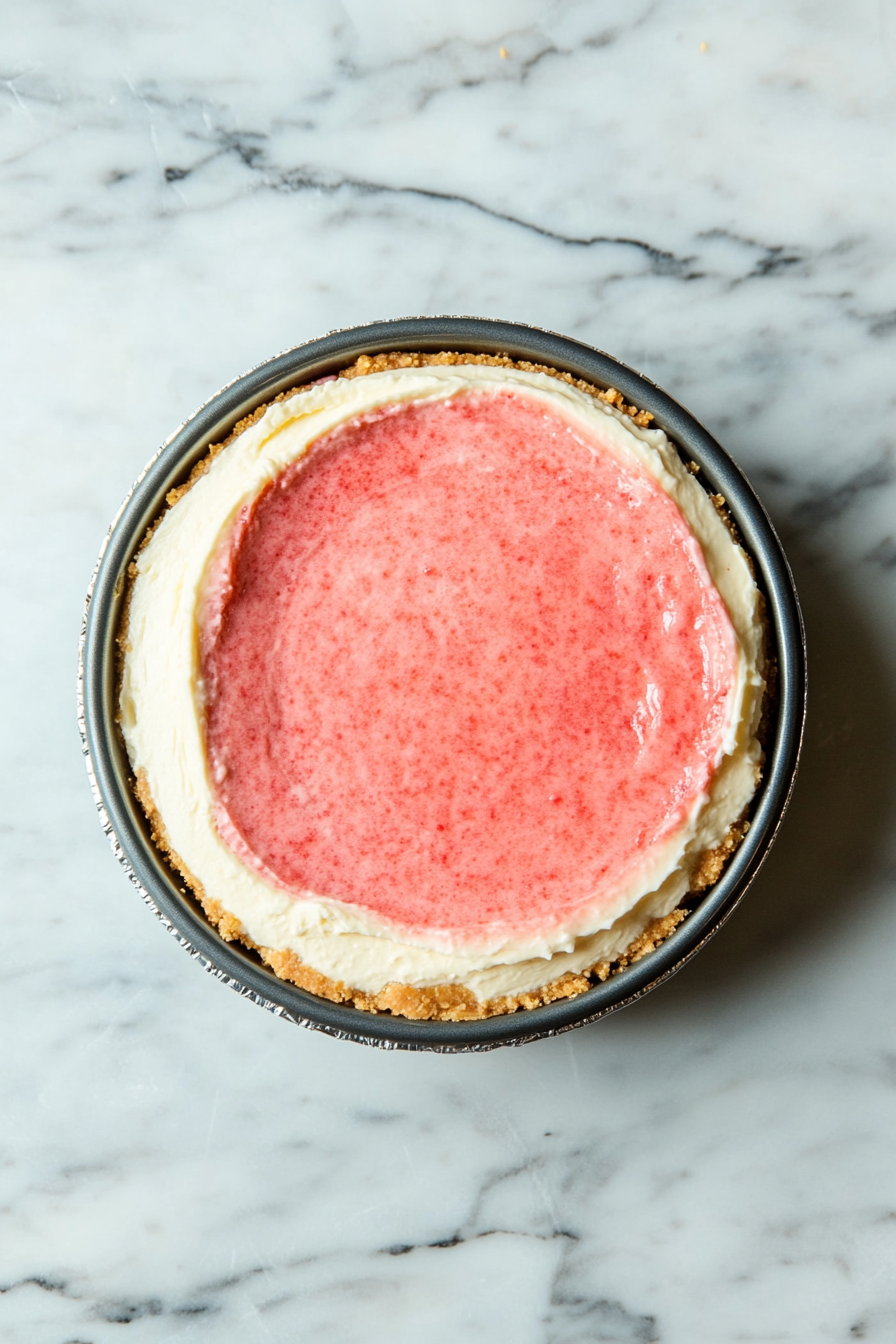 The strawberry-flavored cheesecake filling is being spread evenly over the chilled Oreo crust in the springform pan on the white marble cooktop. A spatula smooths the surface perfectly, ensuring even layering.