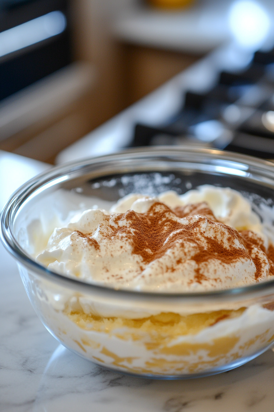 Sour cream, vanilla extract, lemon juice, and a sprinkle of cinnamon are being added to the cream cheese mixture in the bowl on the white marble cooktop. The ingredients are ready to be blended into the filling.