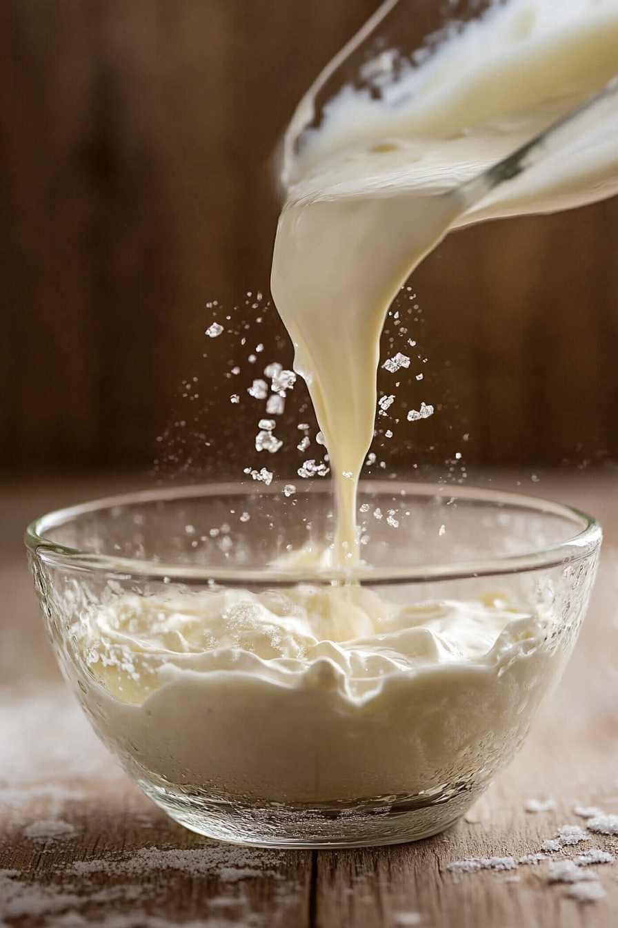 Sour cream and granulated sugar are being incorporated into the beaten cream cheese in a glass bowl. The mixture appears thick, silky, and well-blended.