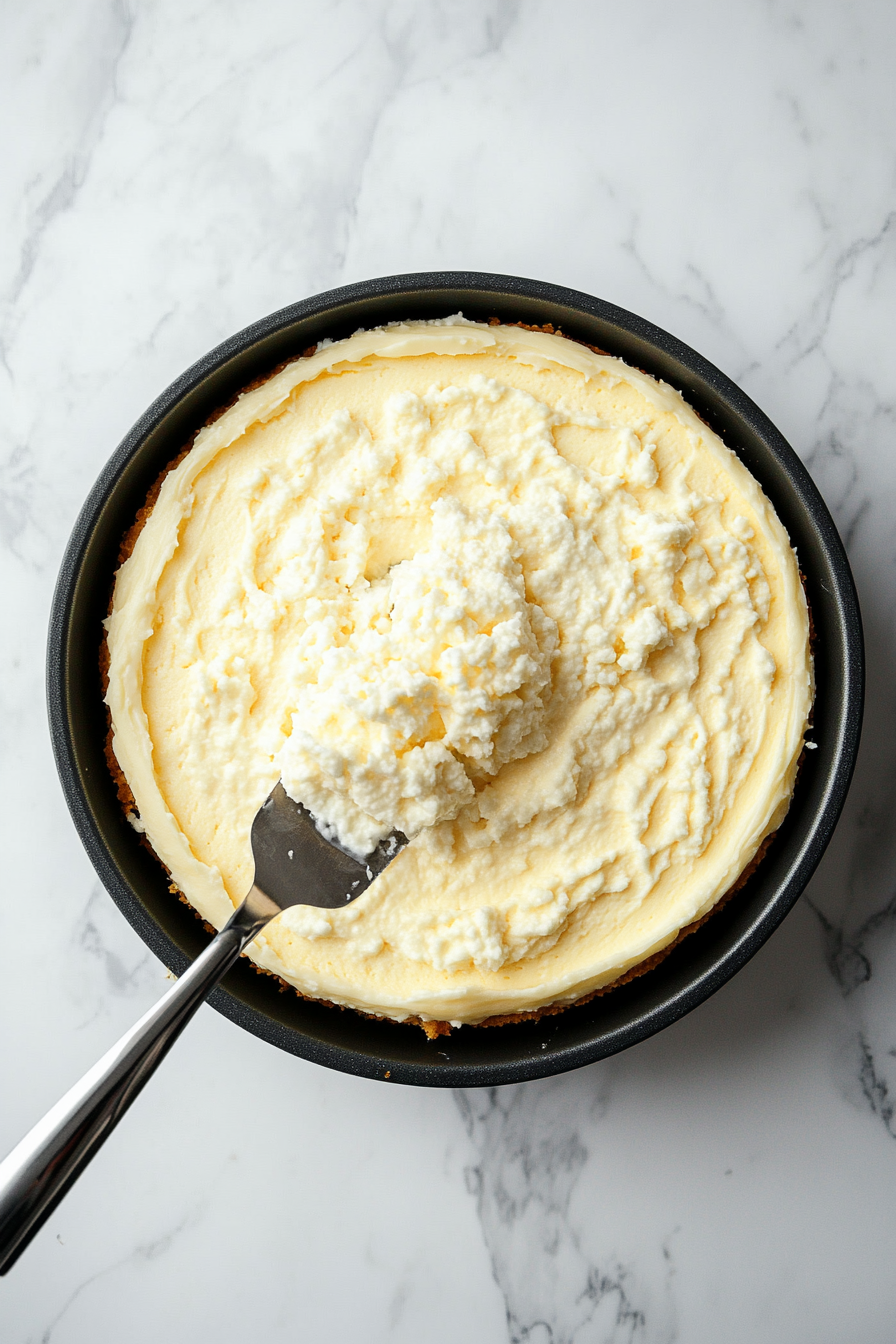 The partially baked cheesecake is shown with the prepared topping being spooned evenly over its surface. The topping is fluffy and ready for the final hour of baking. The springform pan is on the white marble cooktop, continuing the clean, consistent setup