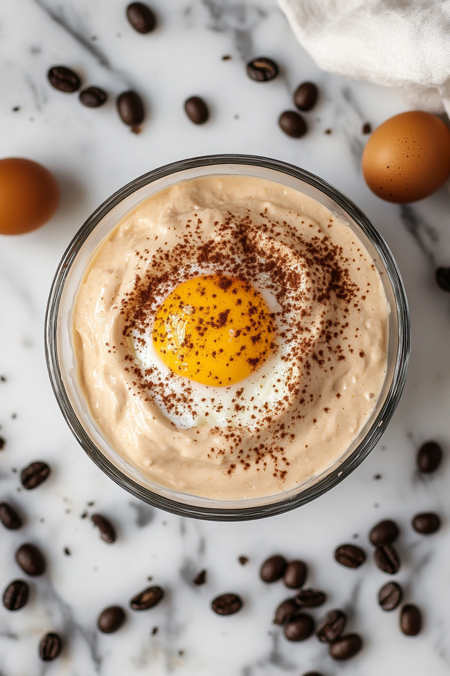 The medium glass bowl on the white marble countertop now contains the light beige cheesecake mixture, with one large egg mixed in. The resulting texture is slightly thicker and smooth, and the clean setup focuses on the bowl.