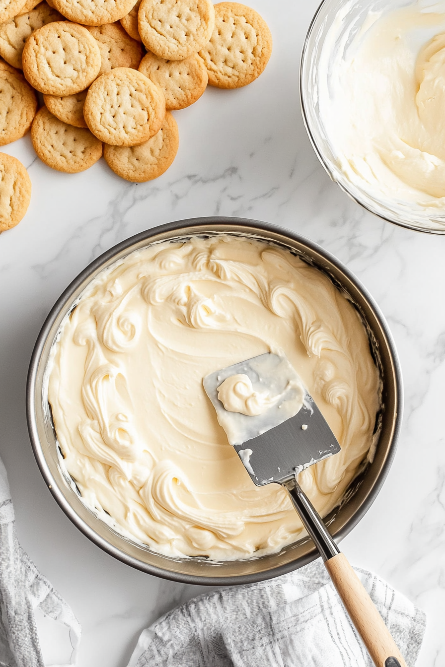 Half of the prepared vanilla pudding is being spread evenly over the cookies in the pan with a spatula. A mixing bowl containing the remaining pudding is placed beside the pan on the white marble cooktop.