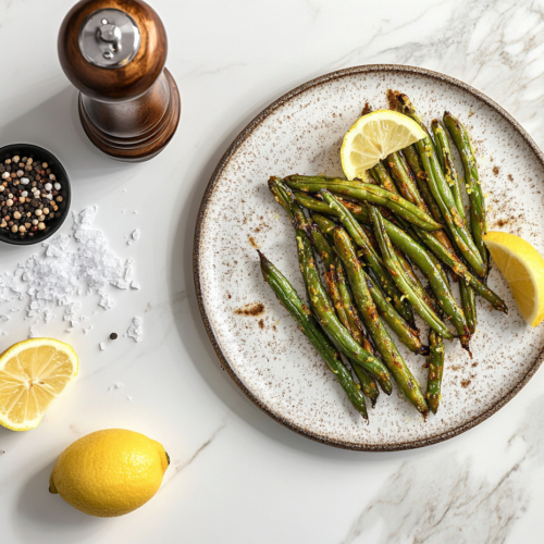 Golden-green air-fried beans served in a bowl with a side of lemon wedges, showing a tender yet crisp texture