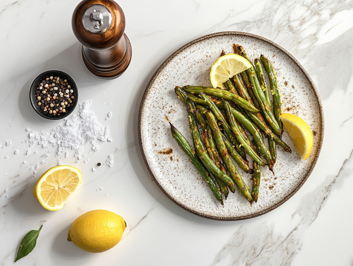 Golden-green air-fried beans served in a bowl with a side of lemon wedges, showing a tender yet crisp texture