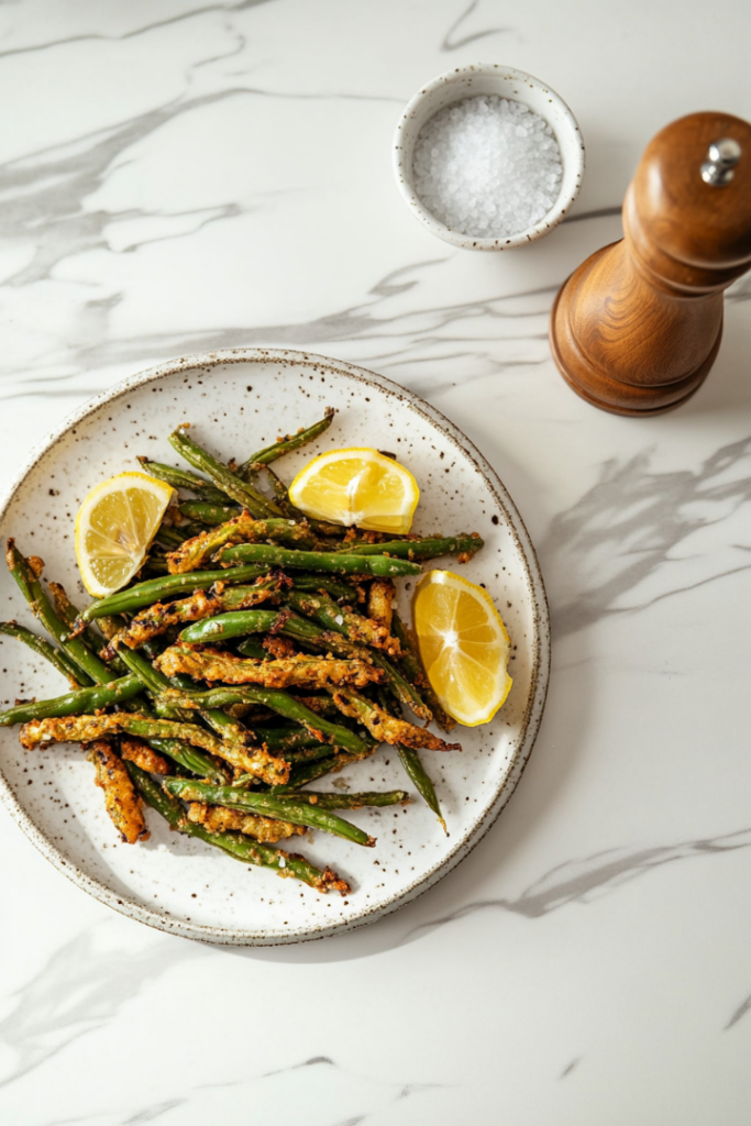 Golden-green air-fried beans served in a bowl with a side of lemon wedges, showing a tender yet crisp texture