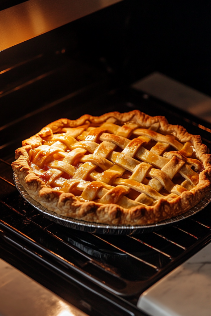 The freshly baked Cherry Apple Pie resting on a wire rack atop the white marble cooktop. The golden crust and glistening filling invite anticipation as the pie cools for serving.