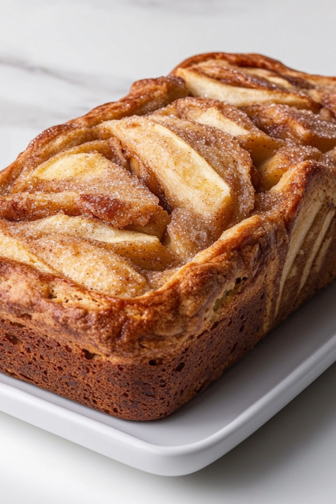 A top-down view of a golden brown apple cinnamon swirl loaf resting on a white ceramic plate placed on a white marble countertop. The loaf has visible chunks of tender apple and swirls of cinnamon sugar throughout the crust, giving it a rustic, homemade feel. The soft texture and rich aroma of baked cinnamon and apples are visually inviting, with a clean and minimalist background that focuses entirely on the loaf’s freshly baked charm.
