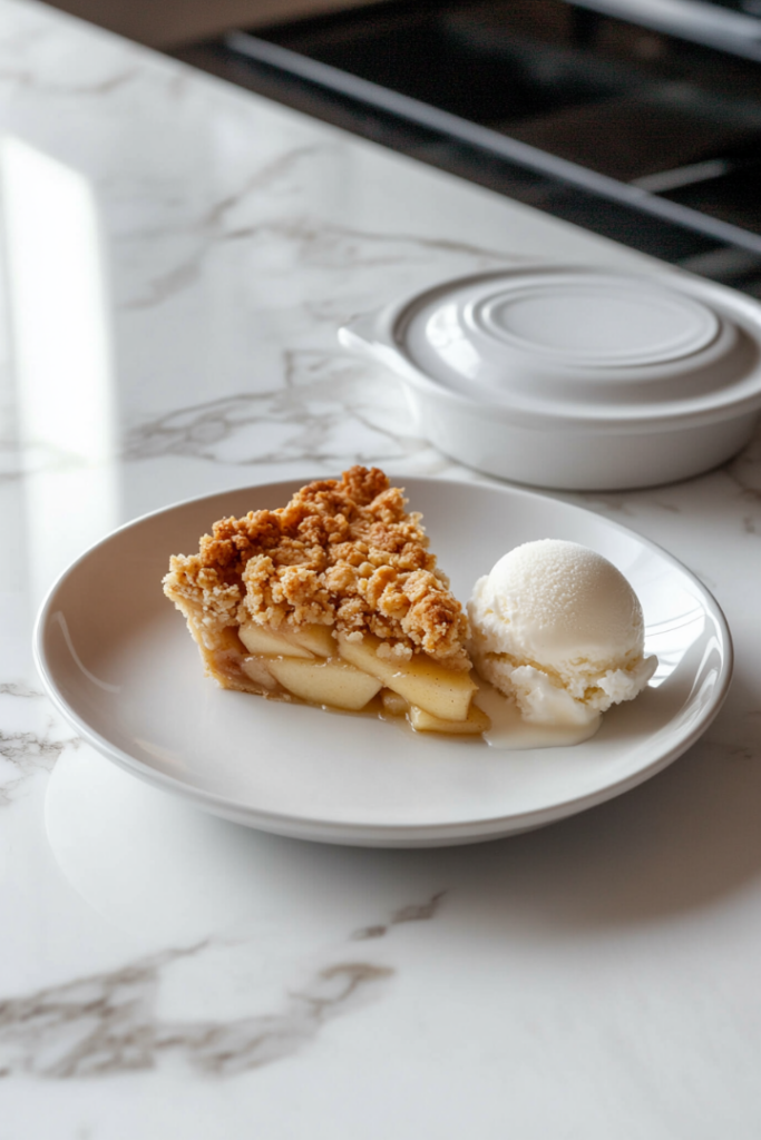 A slice of apple crumble pie is served on a white plate, sitting on the white marble cooktop. The golden, crunchy crumble topping contrasts with the warm, spiced apple filling, complemented by a melting scoop of vanilla ice cream. A covered dish in the background suggests storage for leftovers.