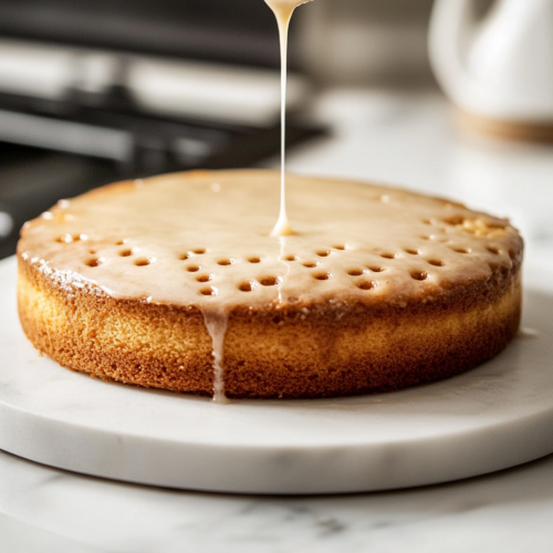 The freshly baked cake on the white marble cooktop with holes poked into it using a butter knife. The smooth glaze is being poured over the top, spreading evenly across the cake