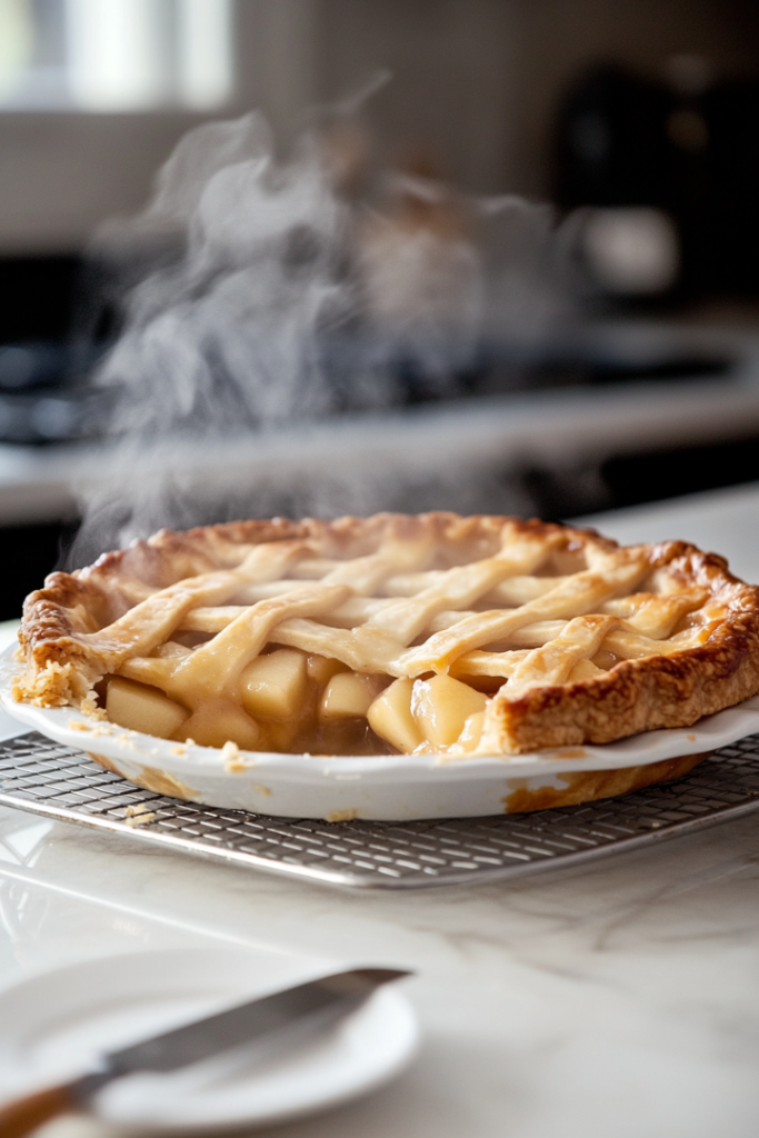 The freshly baked apple pie cools on a wire rack over the white marble cooktop. Its golden lattice crust is perfectly crisp, with tender apple filling visible through the gaps. Steam rises gently, and a knife and serving dish nearby are ready to serve the first slice.