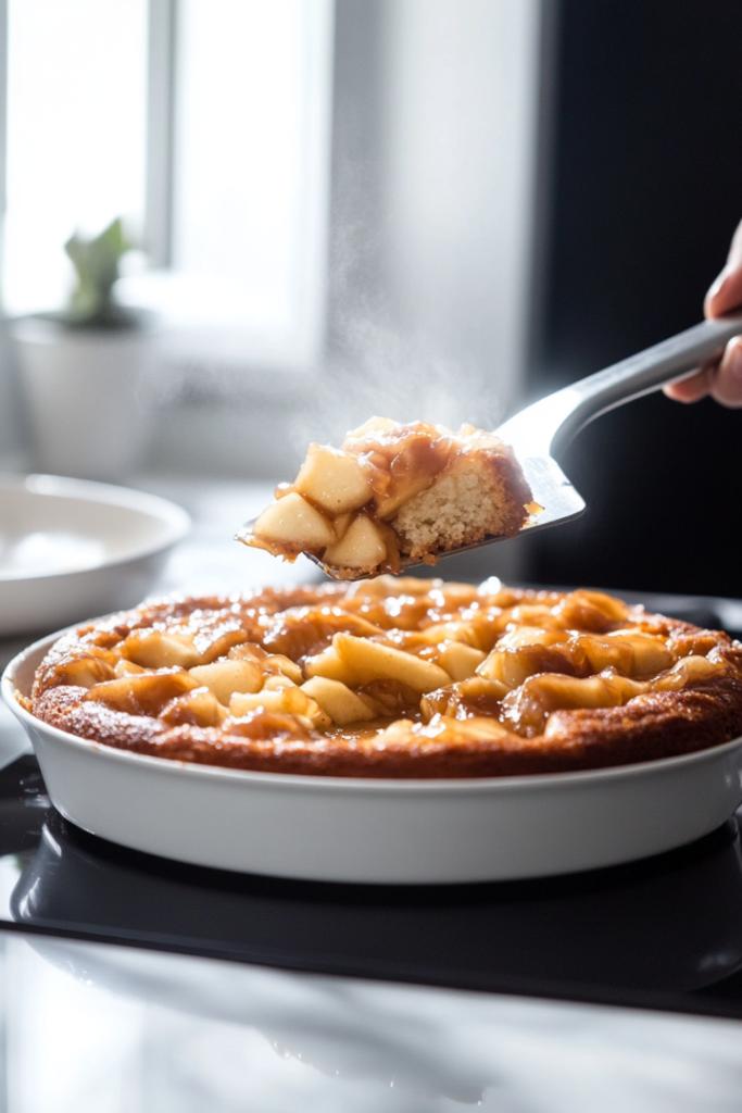 "The cake is being flipped onto a serving dish on the white marble cooktop, unveiling a caramelized apple topping. A spatula helps lift and guide the cake, and a few neatly sliced pieces are ready to serve