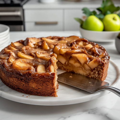 "The cake is being flipped onto a serving dish on the white marble cooktop, unveiling a caramelized apple topping. A spatula helps lift and guide the cake, and a few neatly sliced pieces are ready to serve