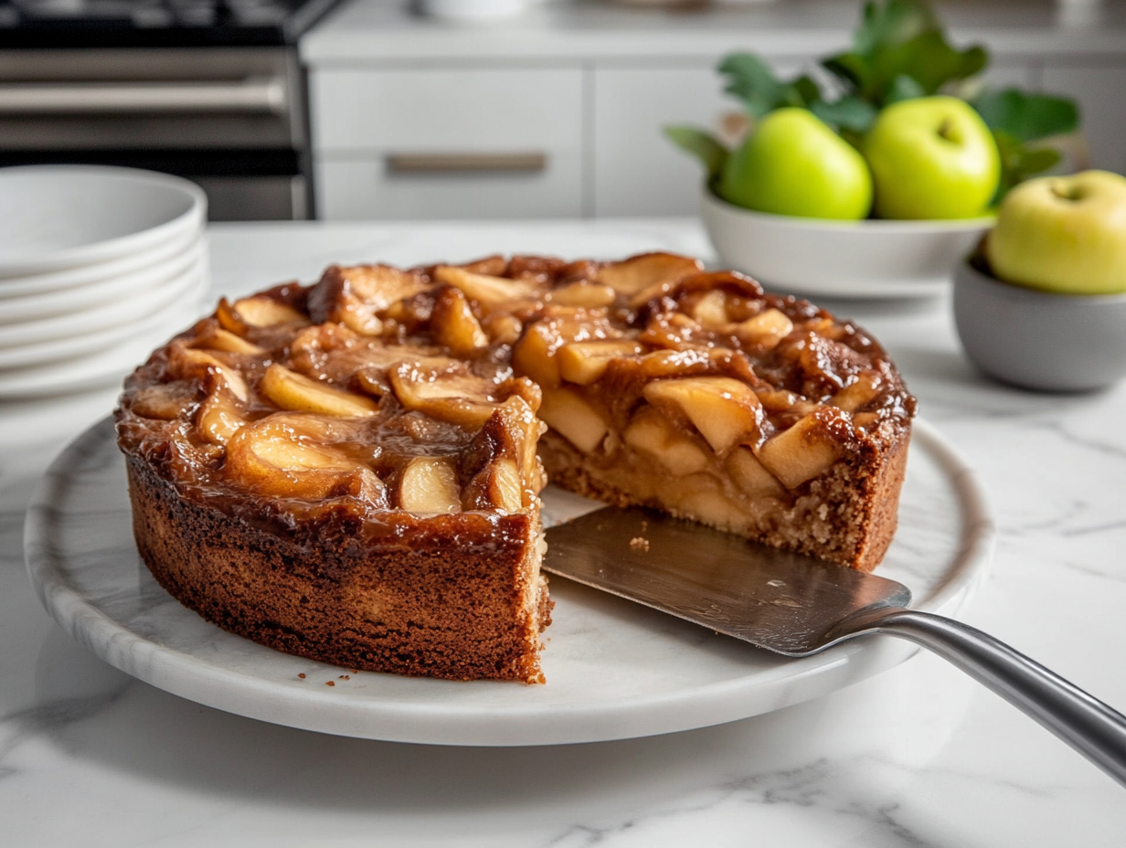 "The cake is being flipped onto a serving dish on the white marble cooktop, unveiling a caramelized apple topping. A spatula helps lift and guide the cake, and a few neatly sliced pieces are ready to serve