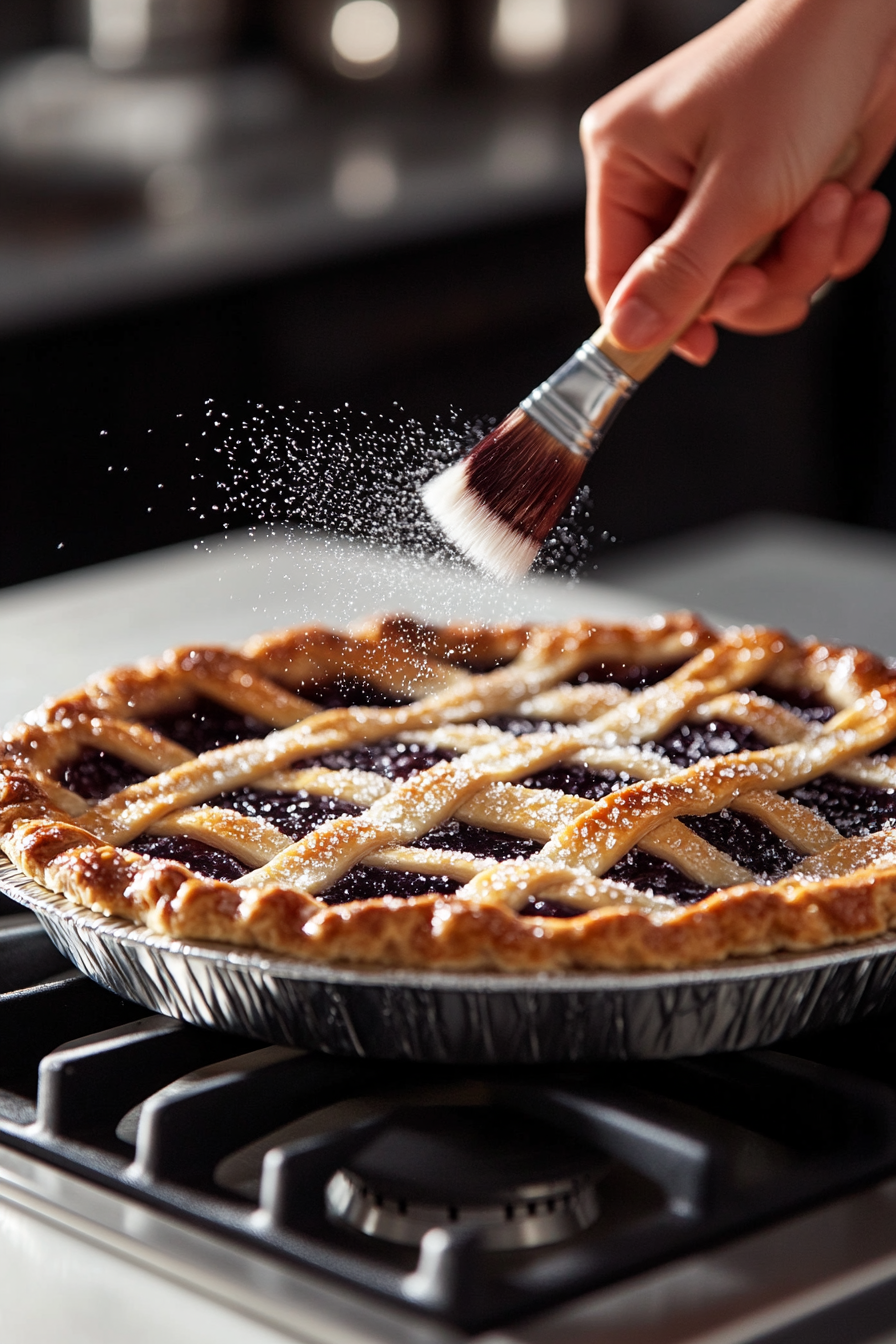 The pie on the white marble cooktop as a brush applies an even coat of egg wash over the lattice top. A hand sprinkles coarse sugar crystals, which glisten under the warm kitchen light