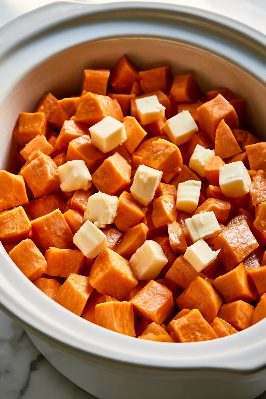 Arrange butter pieces evenly over the sweet potatoes
