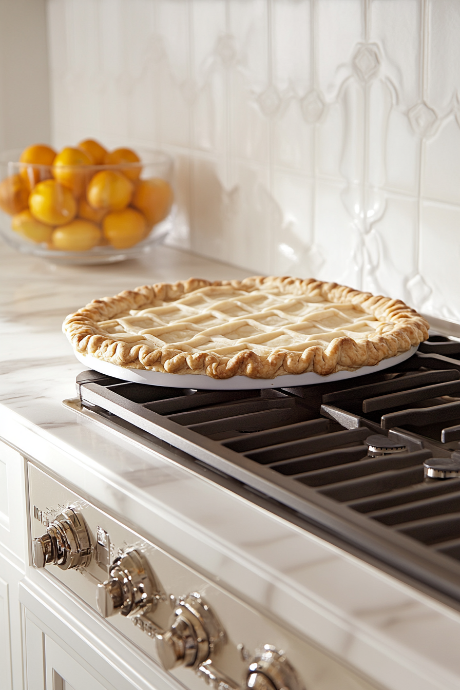 The prepared pie dish on the white marble cooktop, filled with the colorful apple and cherry mixture, slightly mounded in the center. The edges of the dough overhang are visible, awaiting the lattice top.