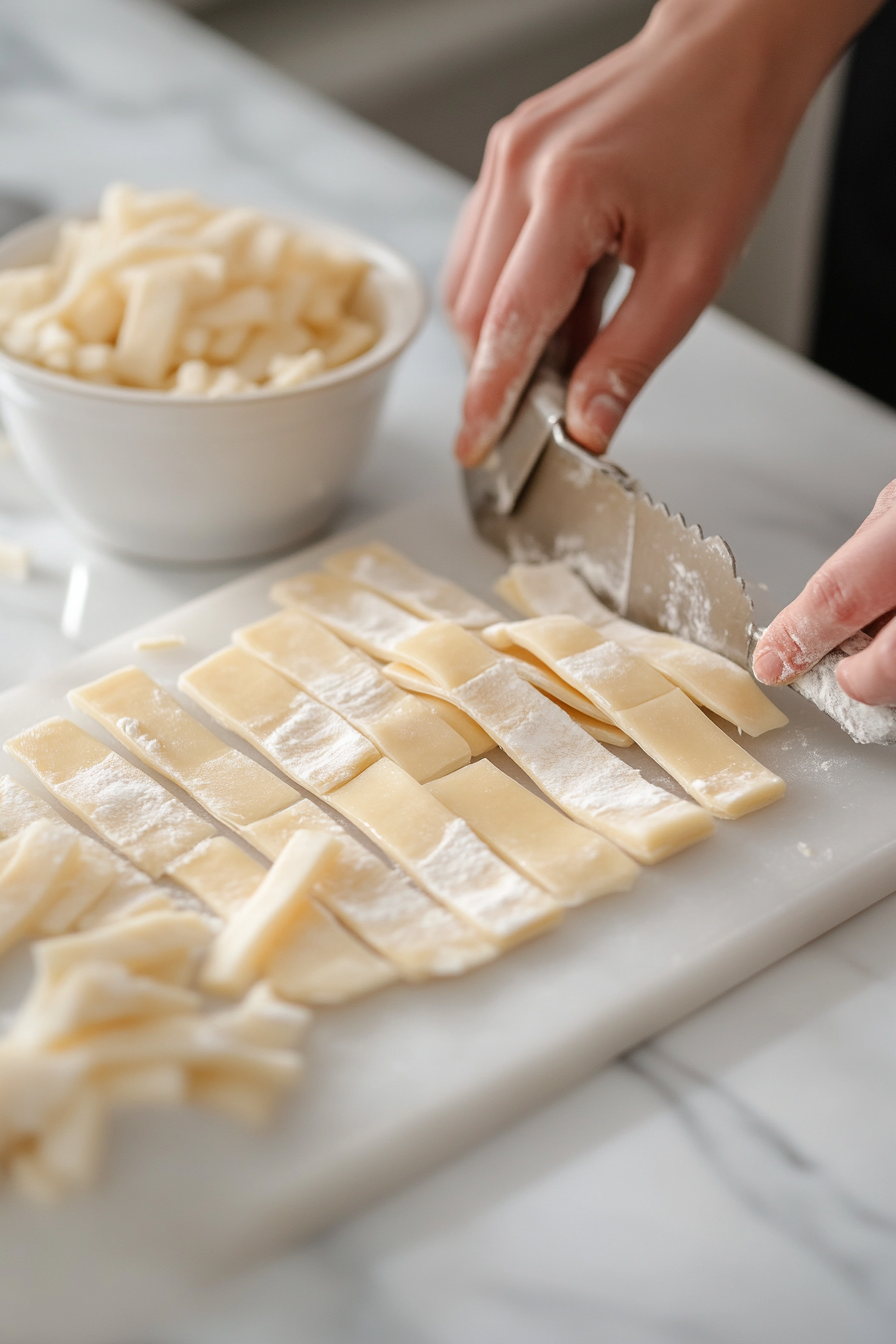 The second dough disc is rolled out on the white marble cooktop and sliced into even strips with a pastry cutter. The strips are arranged over the pie in a lattice pattern, with hands sealing and trimming the edges for a polished, rustic appearance.