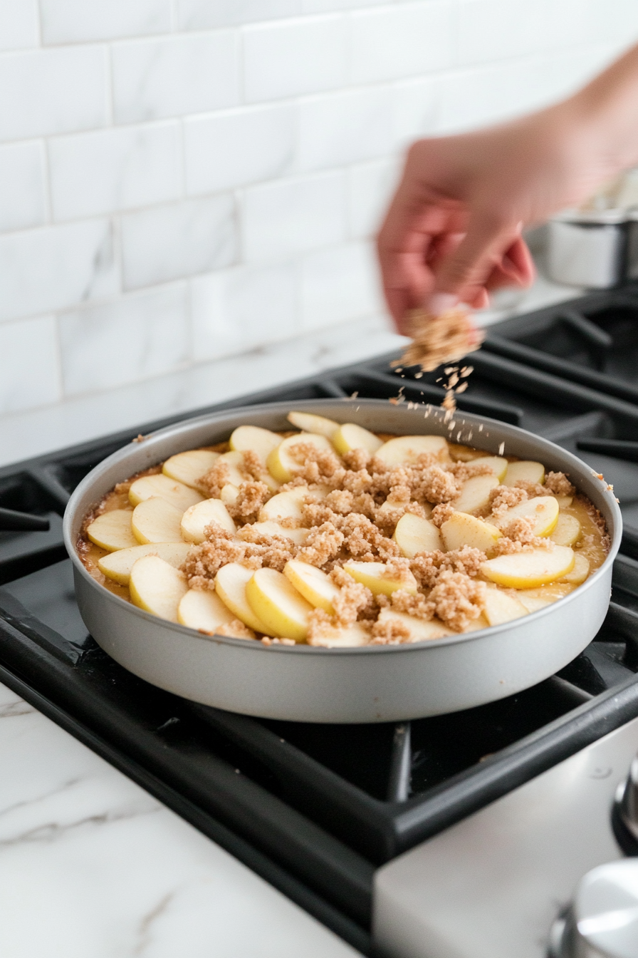 Thinly sliced Granny Smith apples being layered artfully over the batter, their vibrant green edges peeking out.