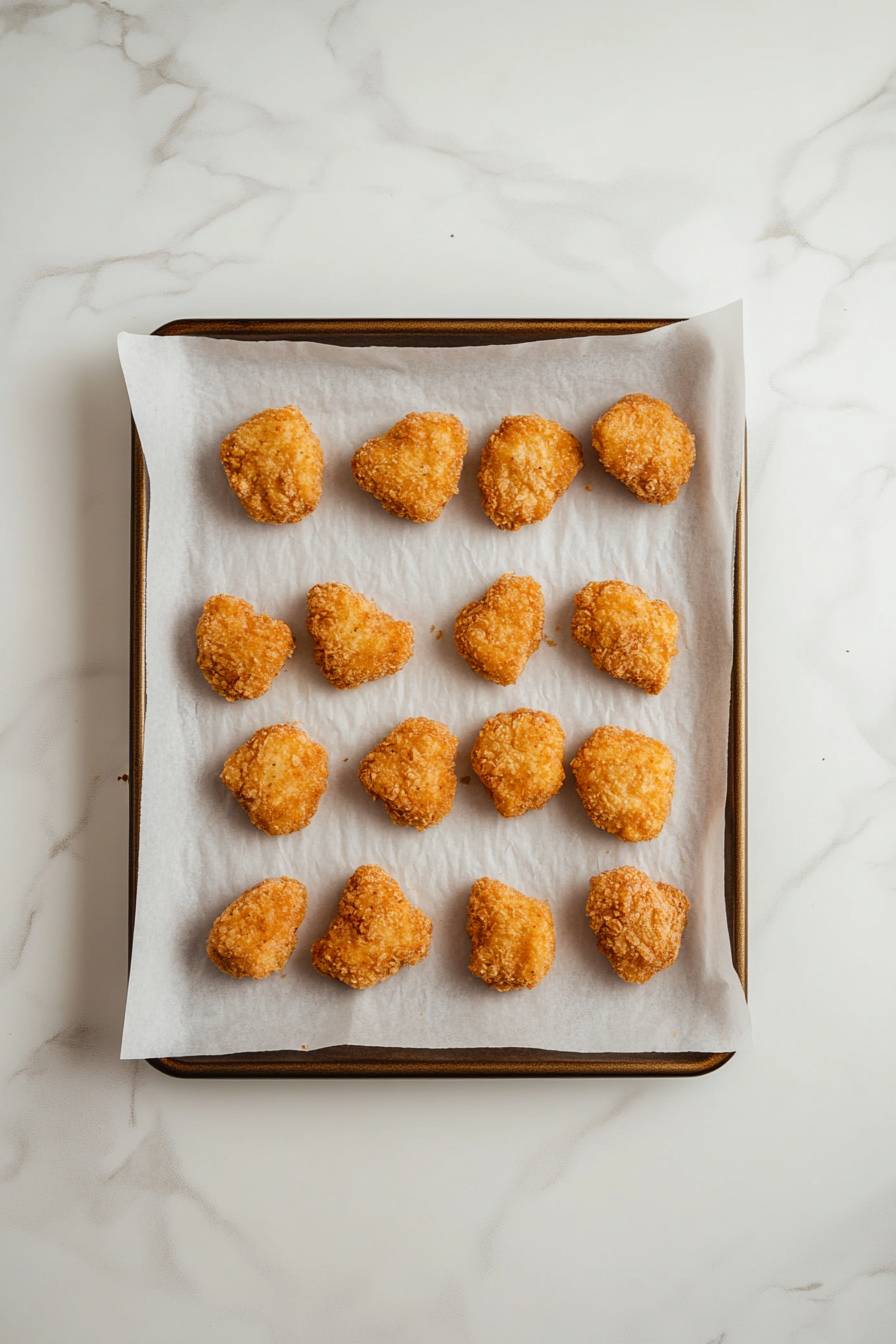 Breaded chicken pieces are evenly spaced on a large baking tray lined with parchment paper. Each nugget is golden and uniformly coated, ready to bake. The tray is positioned on a white marble countertop, with the dry mixture bowl visible in the background.