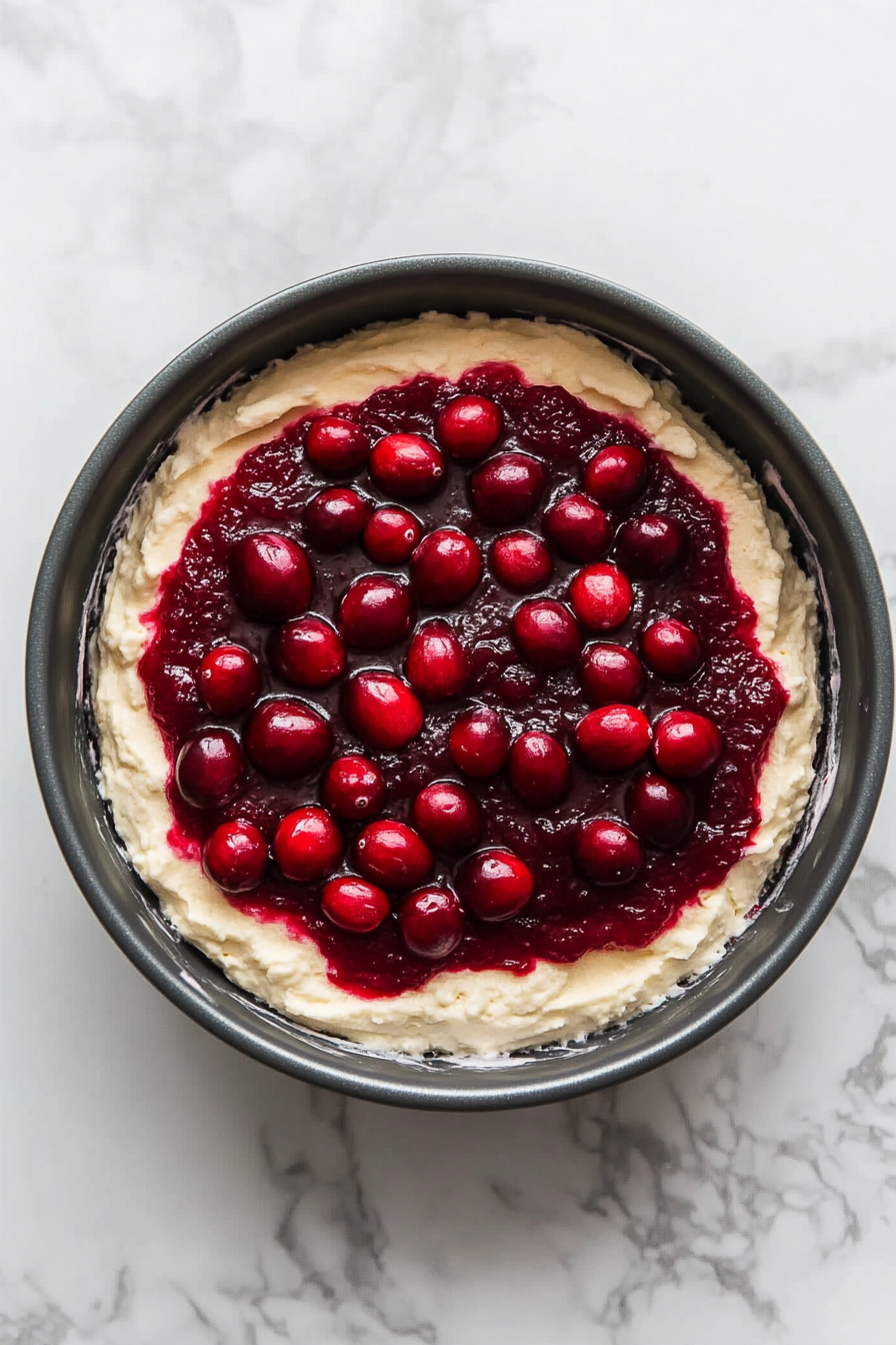 "The springform pan on the white marble cooktop with half of the batter spread in the pan. Cranberry sauce is dolloped and spread evenly, followed by the remaining batter, and the crumb topping is sprinkled on top