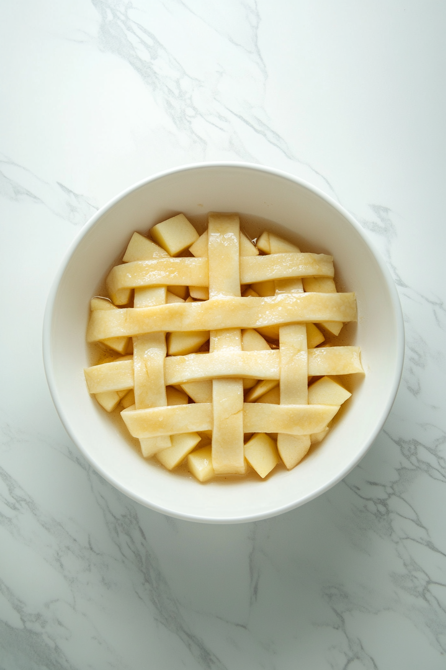 The 9-inch pie pan is filled with a mound of thinly sliced apples, arranged neatly on the white marble cooktop. Four pastry strips are being placed vertically over the apples, while another set is woven horizontally to create an elegant lattice pattern. The pie looks ready for the next step.