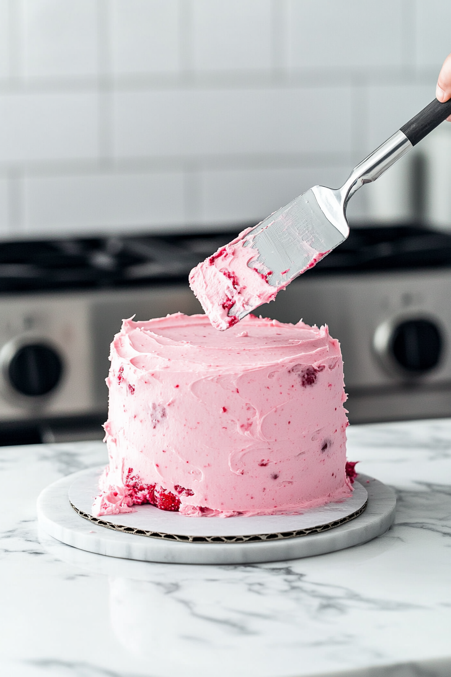 Chilled cake layers being sliced in half to create four layers. The cake layers are placed on the white marble cooktop, ready to be frosted with strawberry buttercream between each layer.