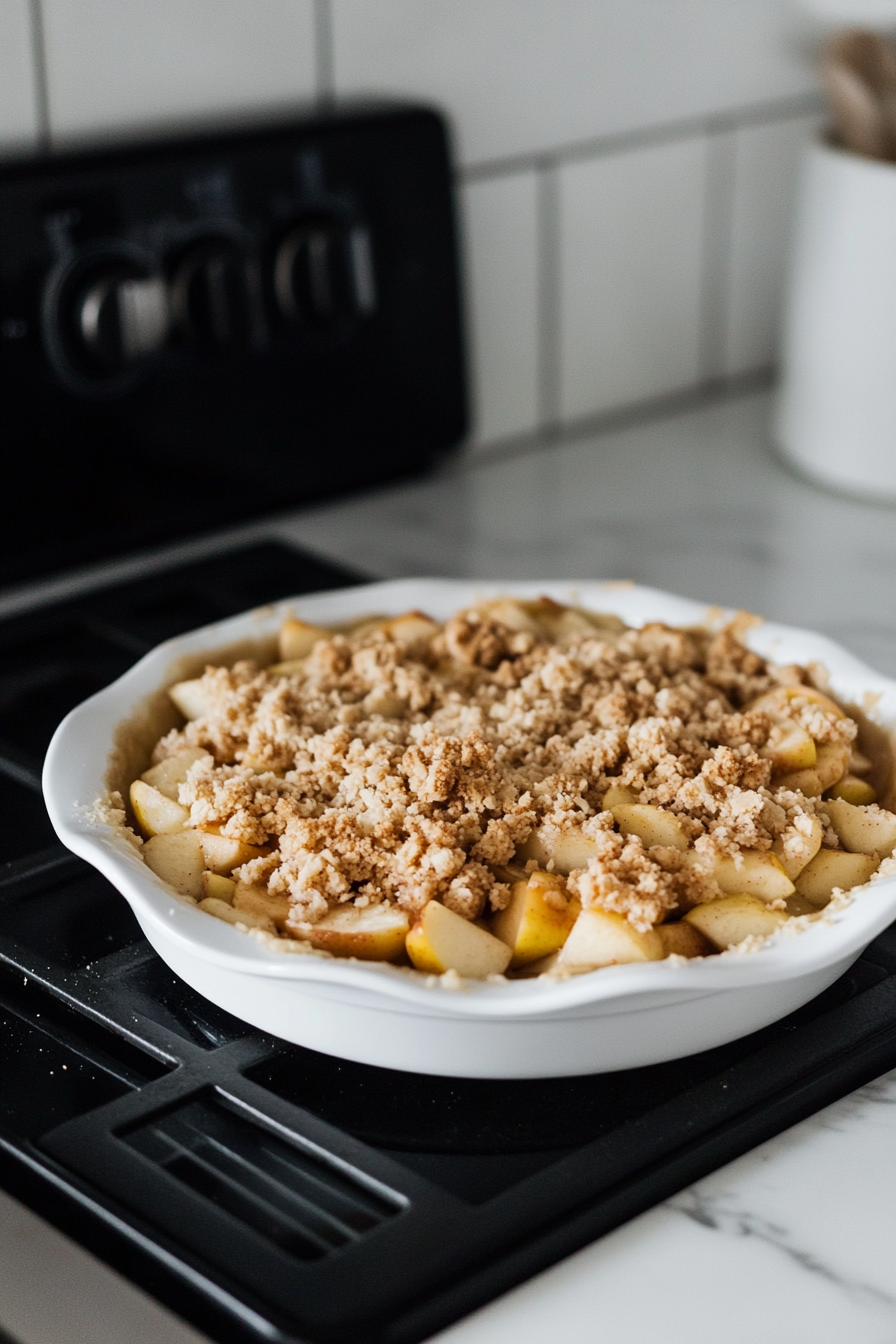 The 9×2-inch pie dish on the white marble cooktop is filled with the spiced apple mixture, and the crumble topping is being evenly sprinkled over the filling. The topping adds texture and a rustic, layered appearance to the pie.