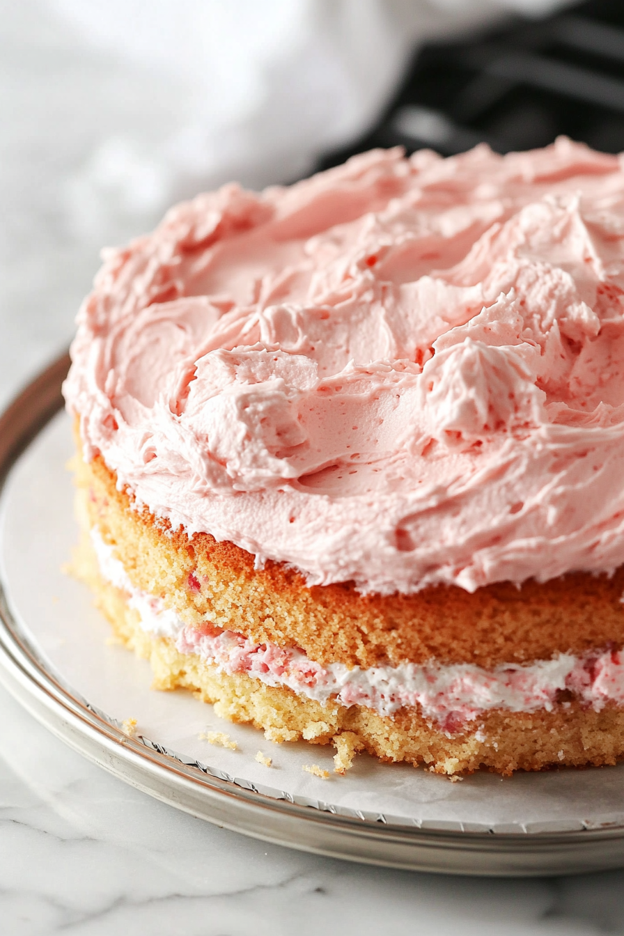 The first layer of cake sits on a white marble cooktop, being frosted with a generous layer of creamy frosting. The second layer of cake is placed on top, and the entire cake is being covered with frosting.