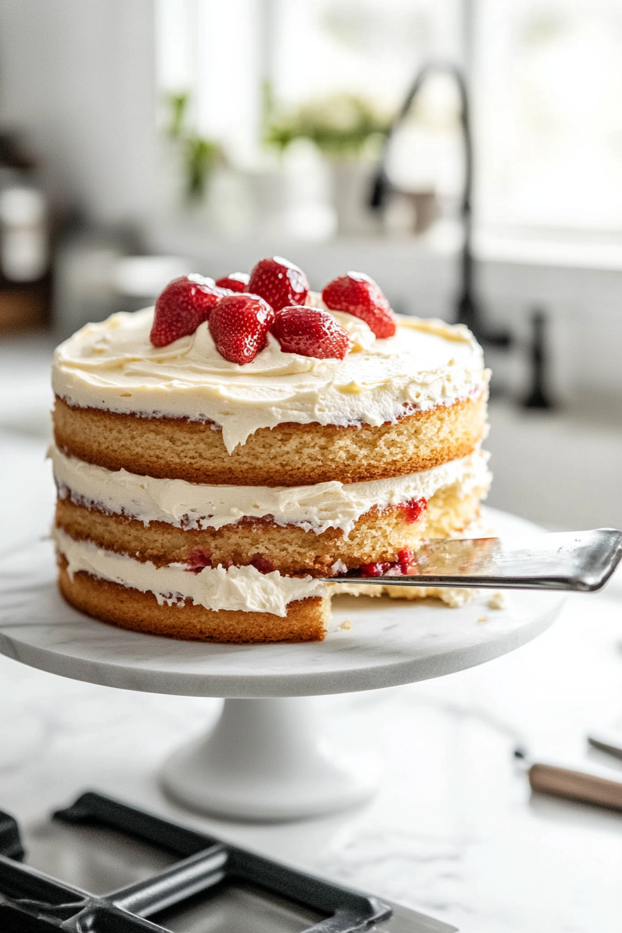 A cake stand on the white marble cooktop holds layers of golden cake being stacked. Each layer is topped with a smooth spread of buttercream frosting and a drizzle of strawberry reduction. An offset spatula smooths the sides of the cake for a perfect finish.