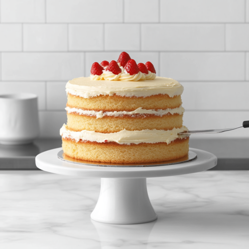 A cake stand on the white marble cooktop holds layers of golden cake being stacked. Each layer is topped with a smooth spread of buttercream frosting and a drizzle of strawberry reduction. An offset spatula smooths the sides of the cake for a perfect finish.