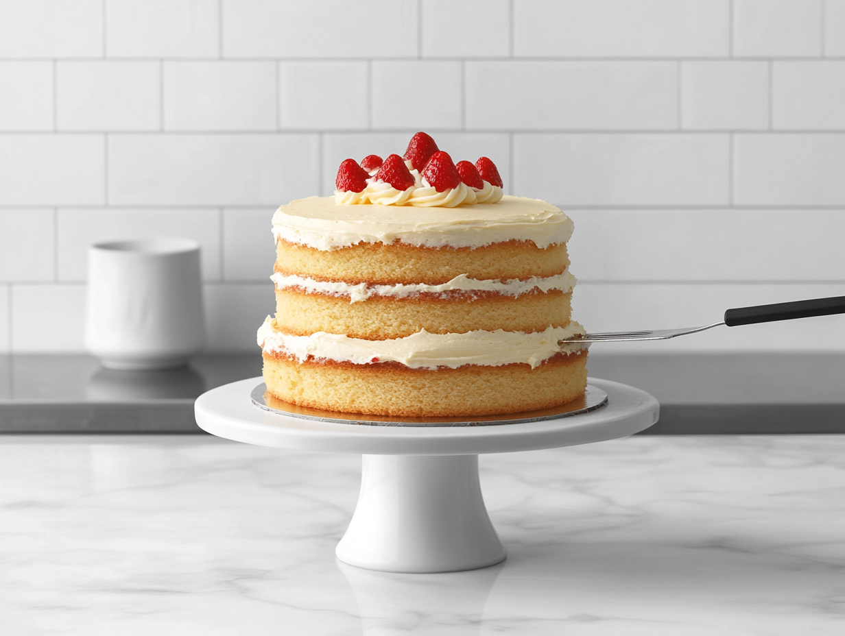 A cake stand on the white marble cooktop holds layers of golden cake being stacked. Each layer is topped with a smooth spread of buttercream frosting and a drizzle of strawberry reduction. An offset spatula smooths the sides of the cake for a perfect finish.