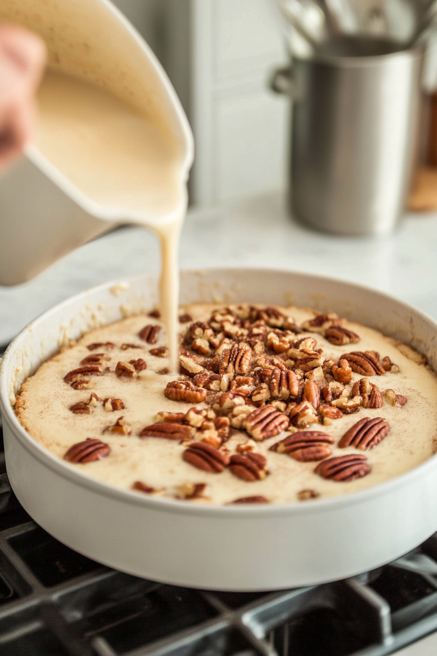 Cake pan on a white marble cooktop with melted butter and a layer of pecans sprinkled evenly on top. The batter is being poured over the pecans, followed by a generous sprinkling of the brown sugar and cinnamon mixture