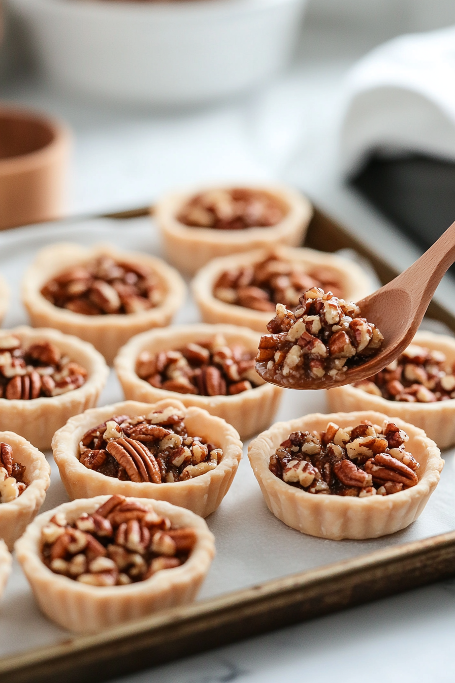 Three-inch ready-to-bake mini pie shells arranged on a baking sheet on the white marble cooktop. The pecan mixture is being spooned into each shell with a small ladle, filling them evenly.