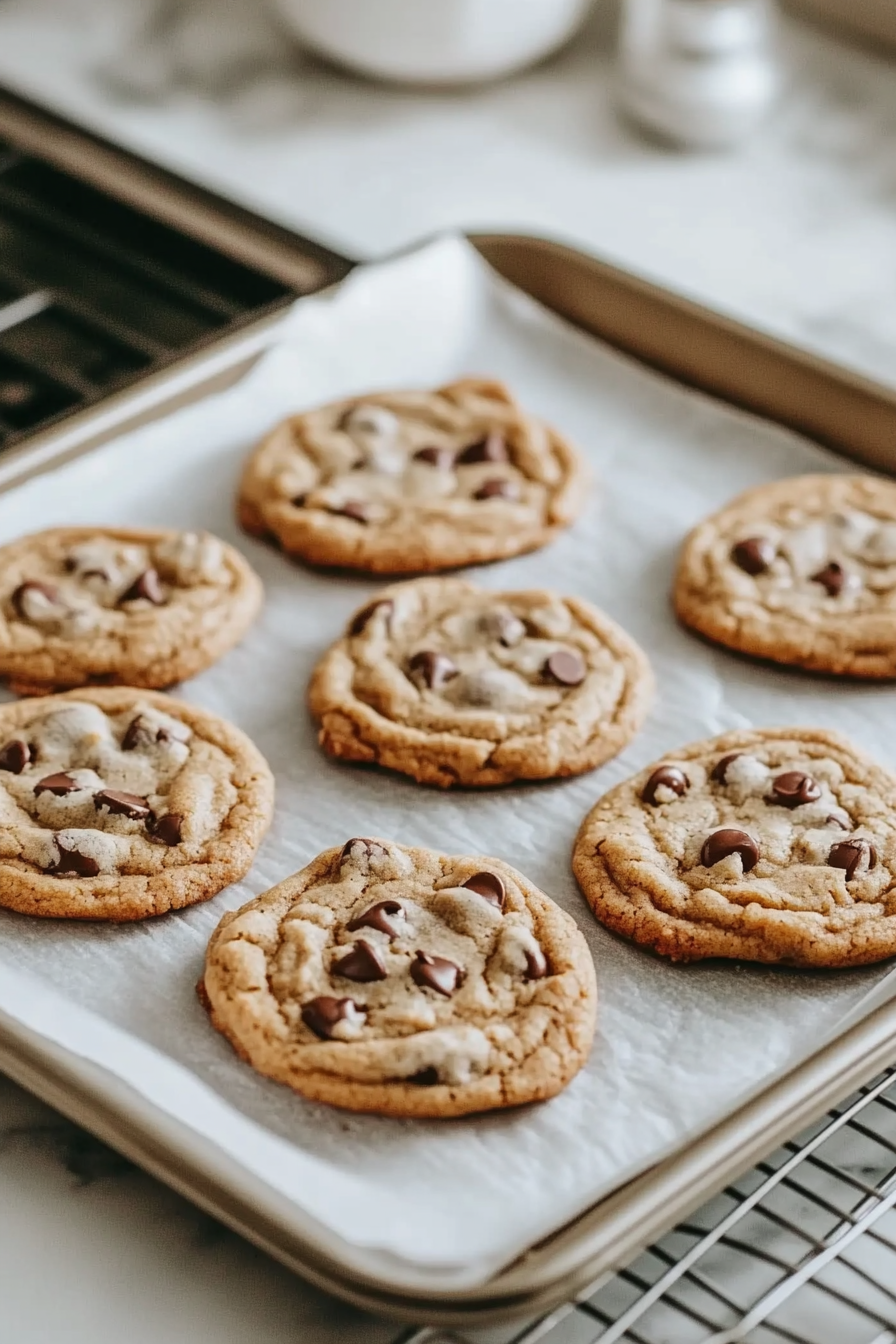 Freshly baked cookies on the baking sheet, cooling slightly on the white marble cooktop before being transferred to a wire rack. The cookies have a soft, golden appearance with a glossy top