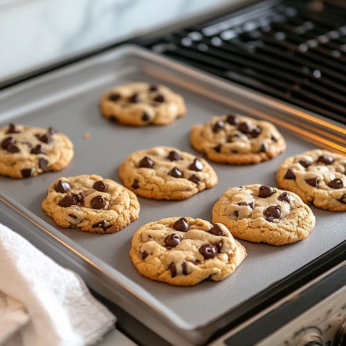 Cookies baking in the oven with melted chocolate chips glistening on top. The white marble cooktop shows the timer set for 10 minutes, and an oven mitt is ready for use.