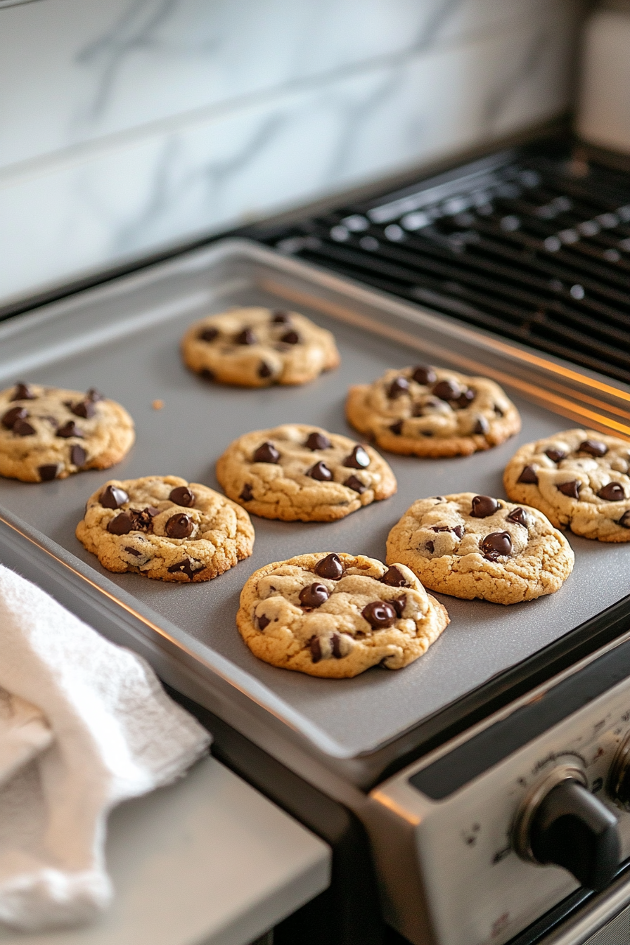 Cookies baking in the oven with melted chocolate chips glistening on top. The white marble cooktop shows the timer set for 10 minutes, and an oven mitt is ready for use.