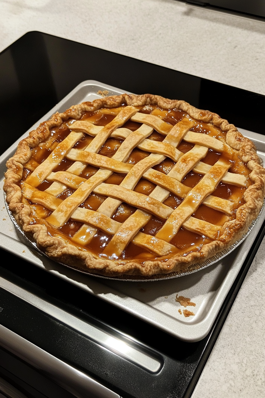 The pie, fully assembled with its lattice crust and caramel drizzle, rests on a baking sheet on the white marble cooktop. It’s ready to go into the oven at 425°F. The lattice design and the hint of golden caramel sauce make the pie look irresistible even before baking.