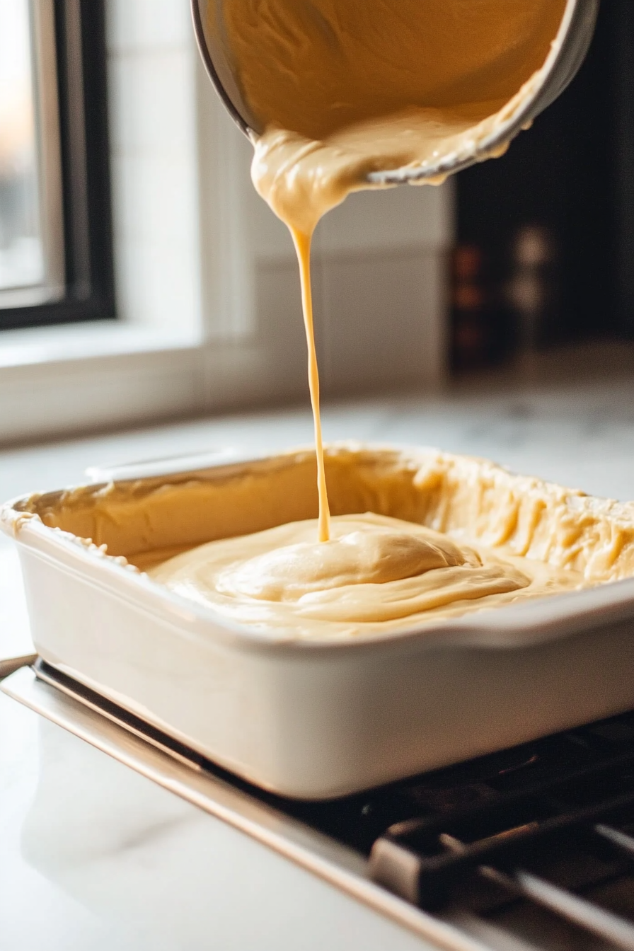 The well-blended corn mixture being poured into a greased casserole dish on the white marble cooktop. The mixture is filling the dish evenly.