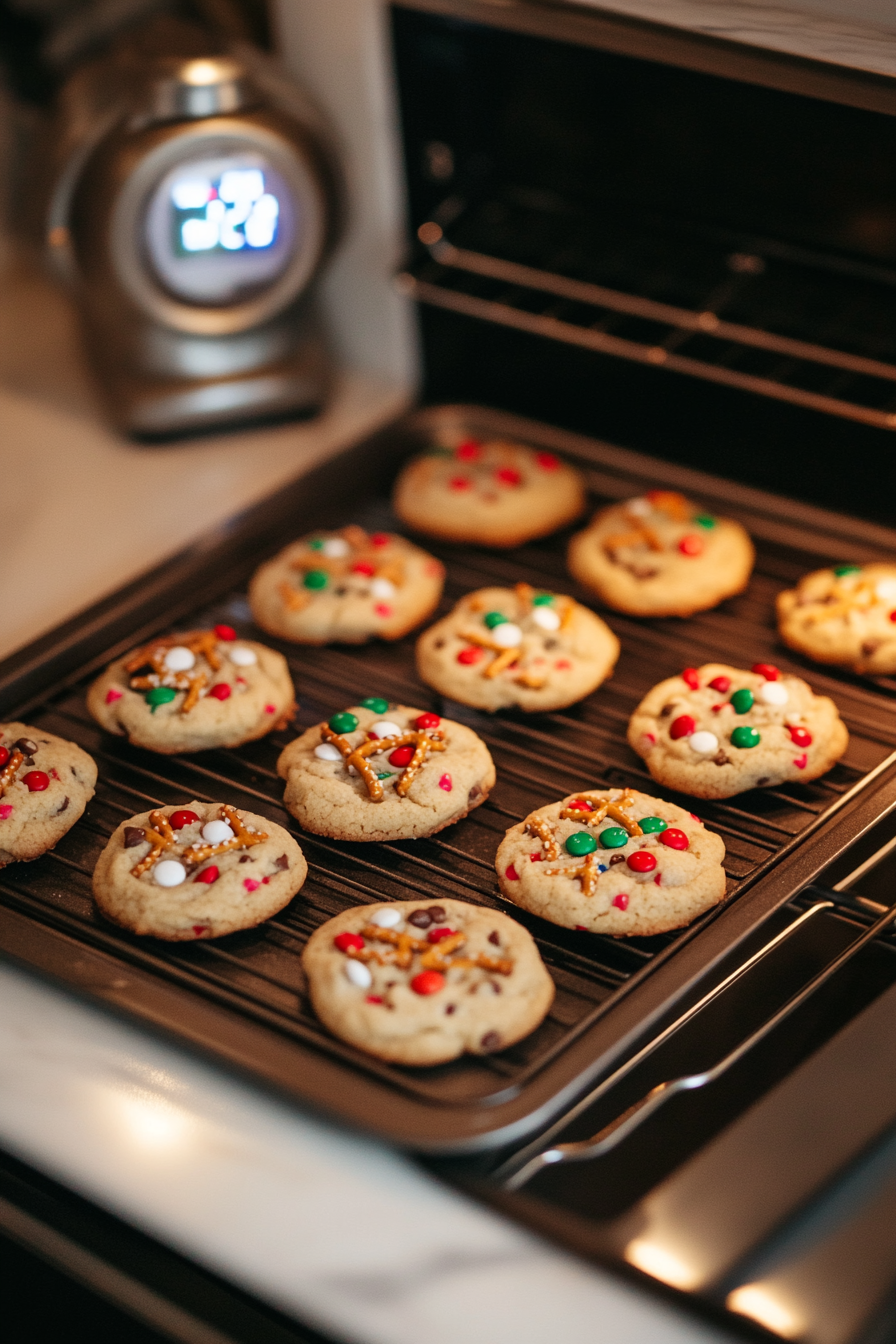 Cookies baking in the oven, their edges golden, while a timer and an additional baking sheet are visible on the white marble cooktop.