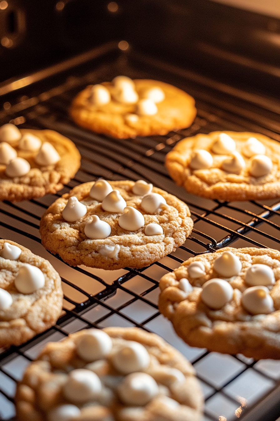 Cookies baking in the oven, their edges starting to turn golden. Reserved white chocolate chips are added to the tops of partially baked cookies. A timer on the white marble cooktop shows 8 minutes.