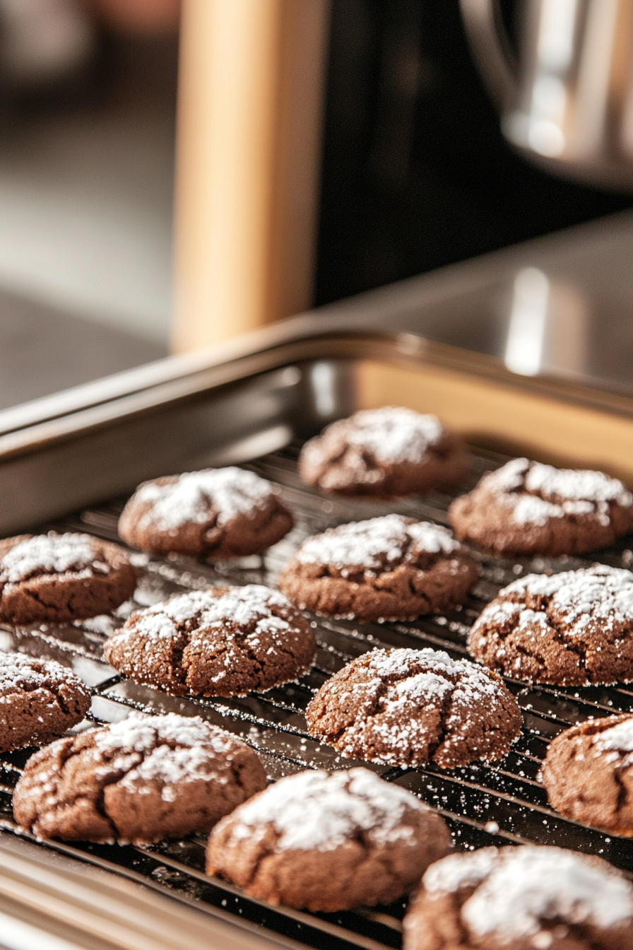 Cookies are shown baking in the oven, starting to crinkle with set edges and soft centers. A timer on the countertop reads 9 minutes, and the tray is ready to be banged to encourage spreading.