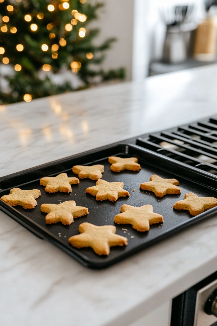 Illustrate the baking sheet with cut-out cookies being placed into the oven. The cookies are beginning to turn golden brown at the edges, with the white marble cooktop and the oven’s warm glow in the background.